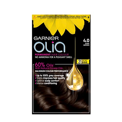 Garnier Olia Permanent Hair Dye, Up to 100% Grey Hair Coverage, No Ammonia, 60% Oils, 4.0 Dark Brown