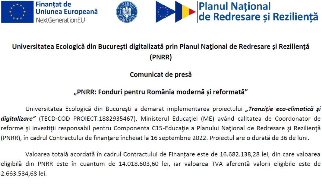 Comunicat de presă. „PNRR: Fonduri pentru România modernă și reformată”