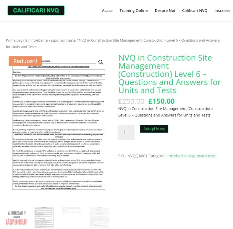 NVQ in Construction Site Management (Construction) Level 6 – Intrebari si raspunsuri pentru unitatile si modulele cursului