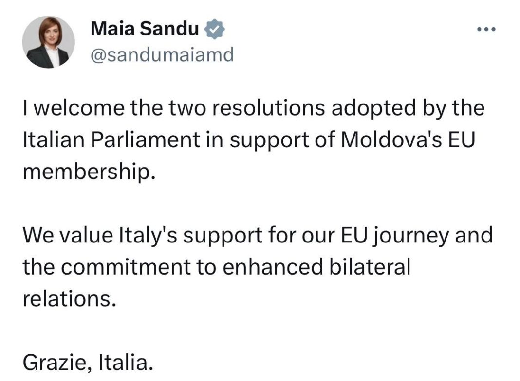 Italia sprijină aderarea Republicii Moldova la Uniunea Europeană. „Semn puternic de solidaritate și de prietenie”
